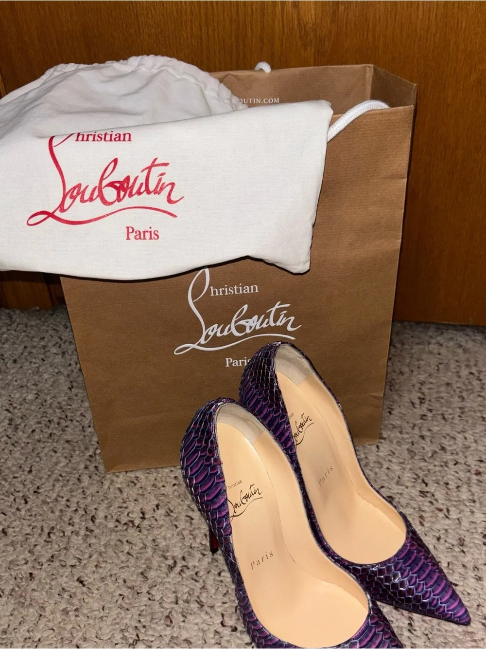 Christian Louboutin Purple Snakeskin Pointed-Toe Pumps with Red Soles